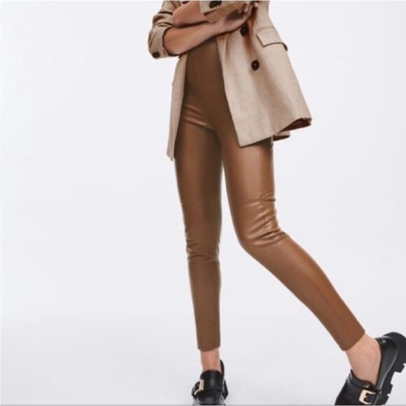 ZARA Brown High-Rise Faux Leather Pants Size L - Picture 2 of 10